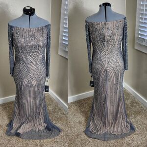 Adrianna Papell Beaded Off Shoulder Gown Style AP1E208533 Size 8 Sterling